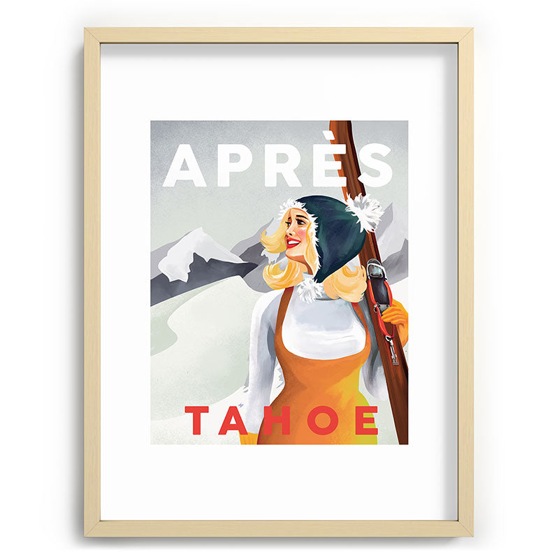 "Apres Tahoe" Cute Retro Pinup Girl Ski Art Framed Art Print