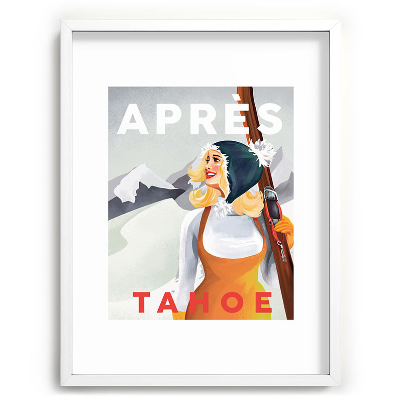 "Apres Tahoe" Cute Retro Pinup Girl Ski Art Framed Art Print