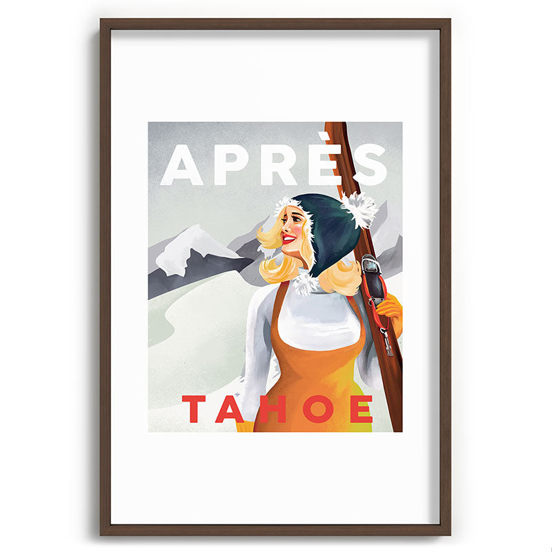 "Apres Tahoe" Cute Retro Pinup Girl Ski Art Framed Art Print