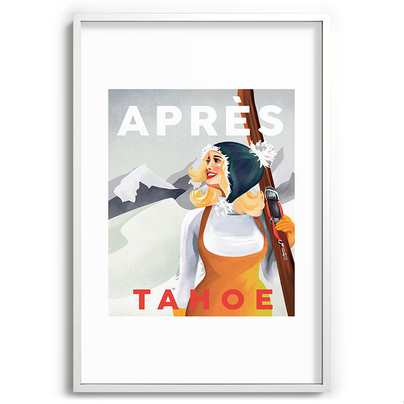 "Apres Tahoe" Cute Retro Pinup Girl Ski Art Framed Art Print