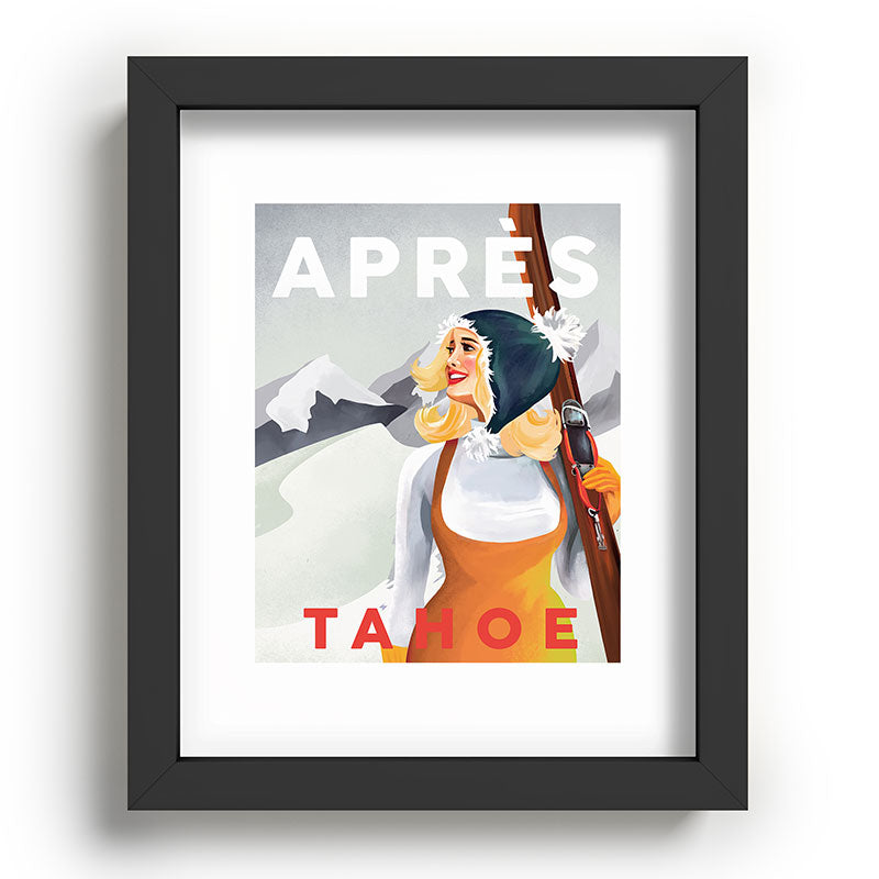 "Apres Tahoe" Cute Retro Pinup Girl Ski Art Framed Art Print