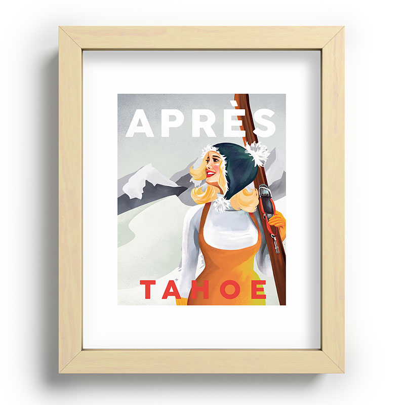 "Apres Tahoe" Cute Retro Pinup Girl Ski Art Framed Art Print