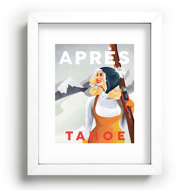 "Apres Tahoe" Cute Retro Pinup Girl Ski Art Framed Art Print