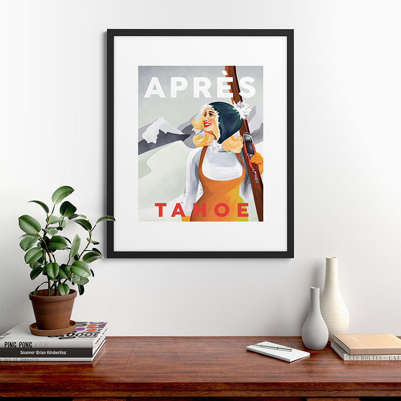 "Apres Tahoe" Cute Retro Pinup Girl Ski Art Framed Art Print
