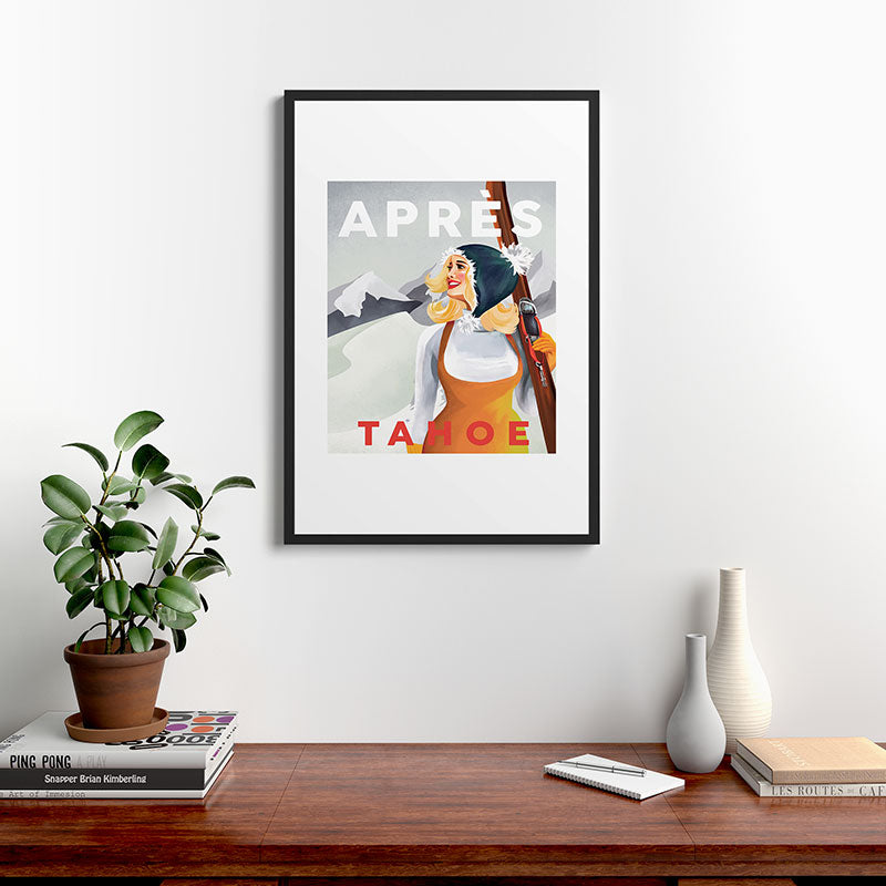 "Apres Tahoe" Cute Retro Pinup Girl Ski Art Framed Art Print