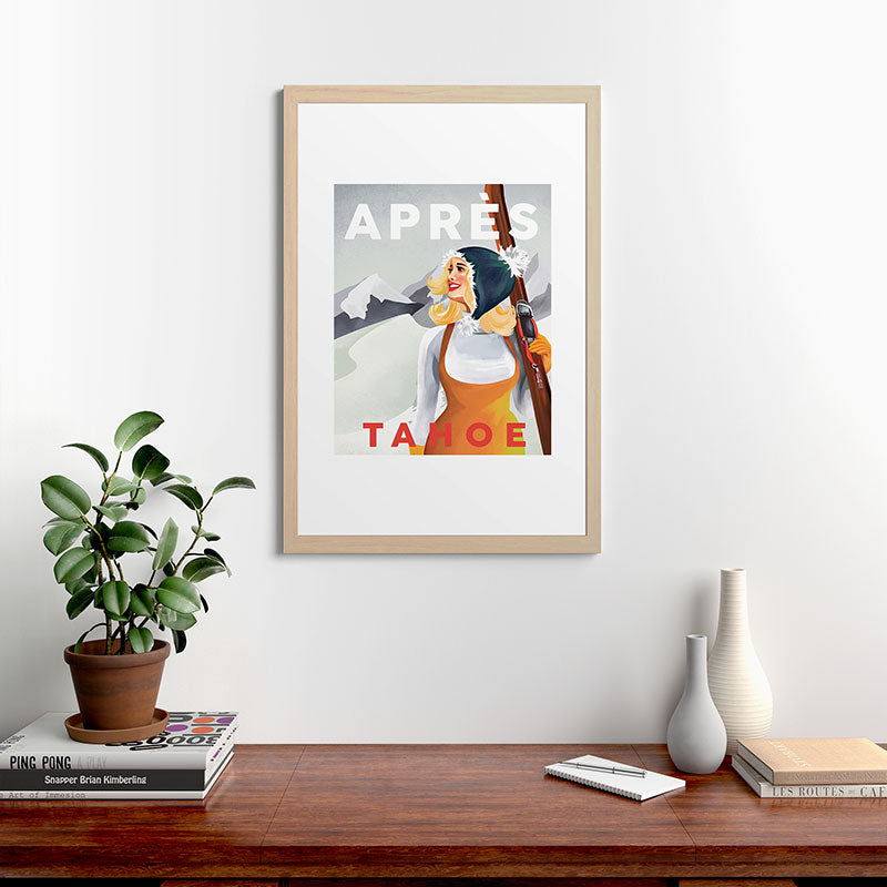 "Apres Tahoe" Cute Retro Pinup Girl Ski Art Framed Art Print