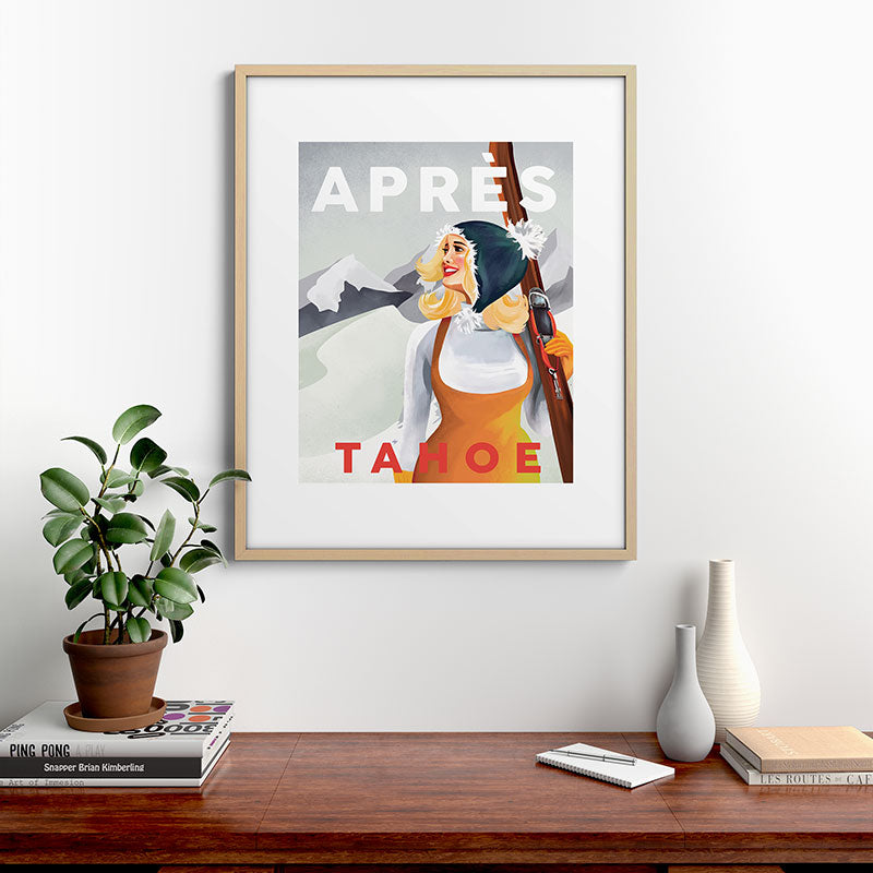 "Apres Tahoe" Cute Retro Pinup Girl Ski Art Framed Art Print
