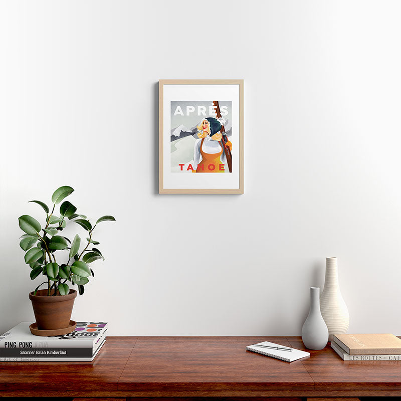 "Apres Tahoe" Cute Retro Pinup Girl Ski Art Framed Art Print