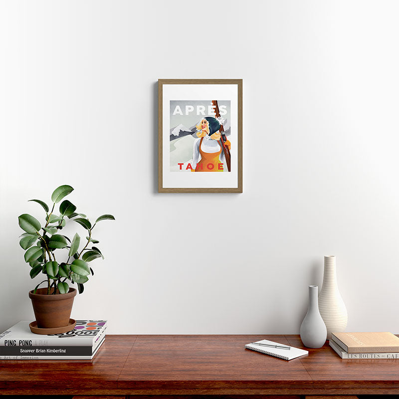 "Apres Tahoe" Cute Retro Pinup Girl Ski Art Framed Art Print