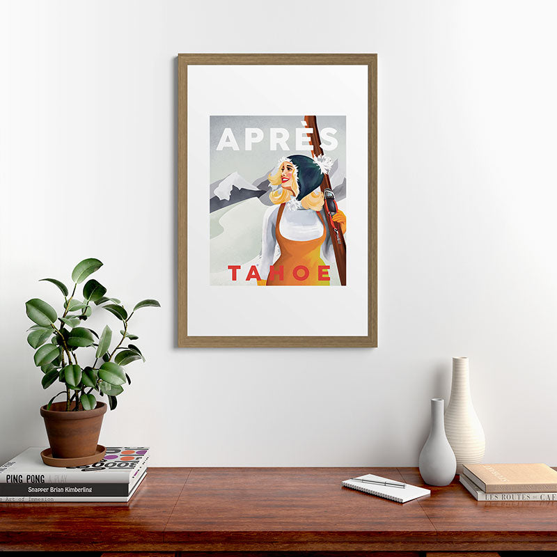 "Apres Tahoe" Cute Retro Pinup Girl Ski Art Framed Art Print