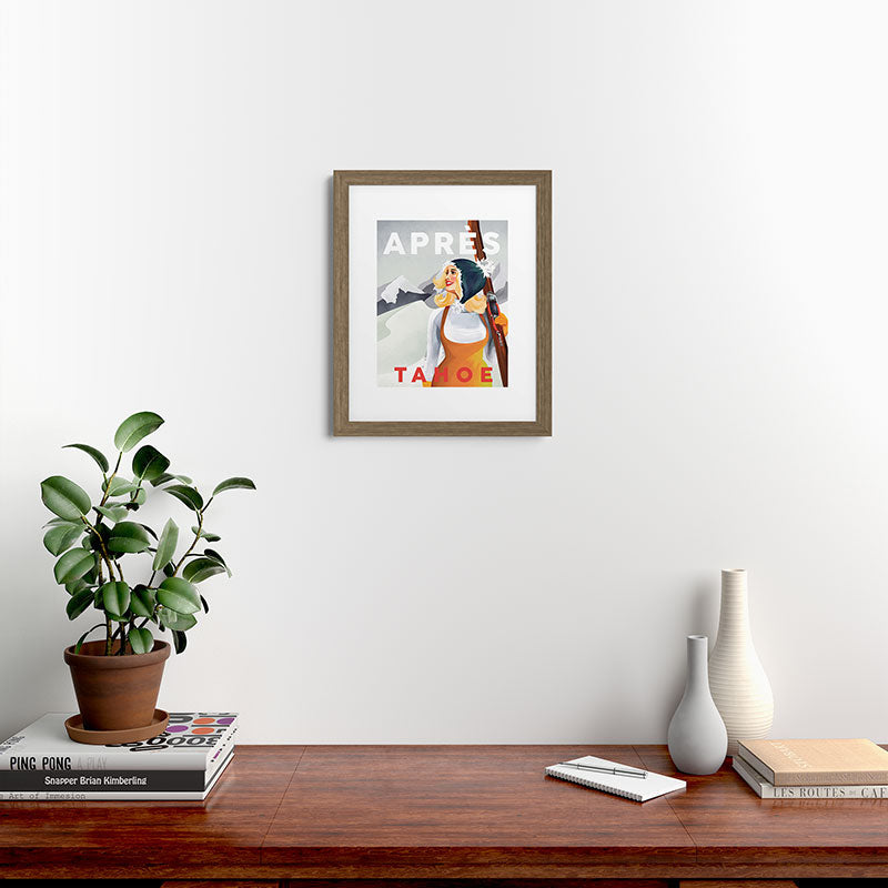 "Apres Tahoe" Cute Retro Pinup Girl Ski Art Framed Art Print