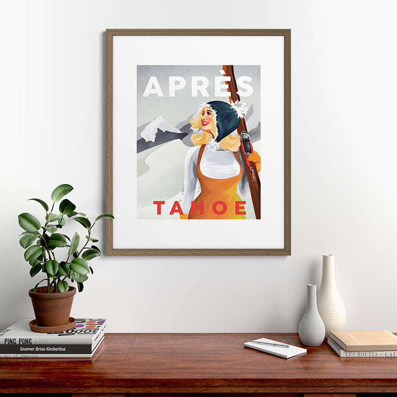 "Apres Tahoe" Cute Retro Pinup Girl Ski Art Framed Art Print