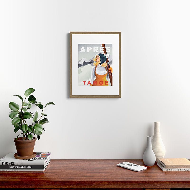 "Apres Tahoe" Cute Retro Pinup Girl Ski Art Framed Art Print