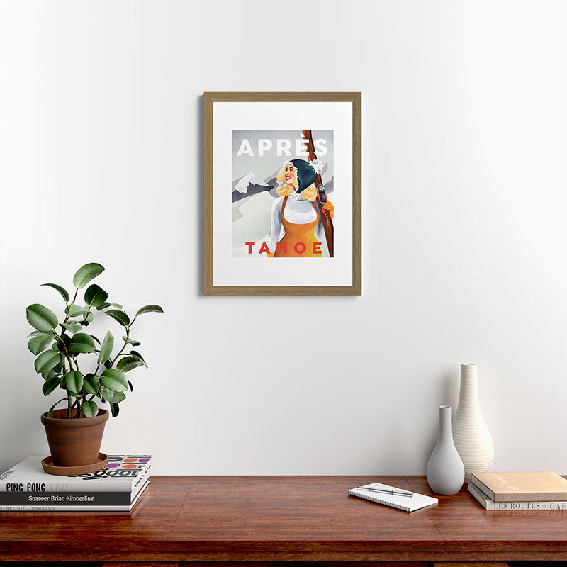 "Apres Tahoe" Cute Retro Pinup Girl Ski Art Framed Art Print