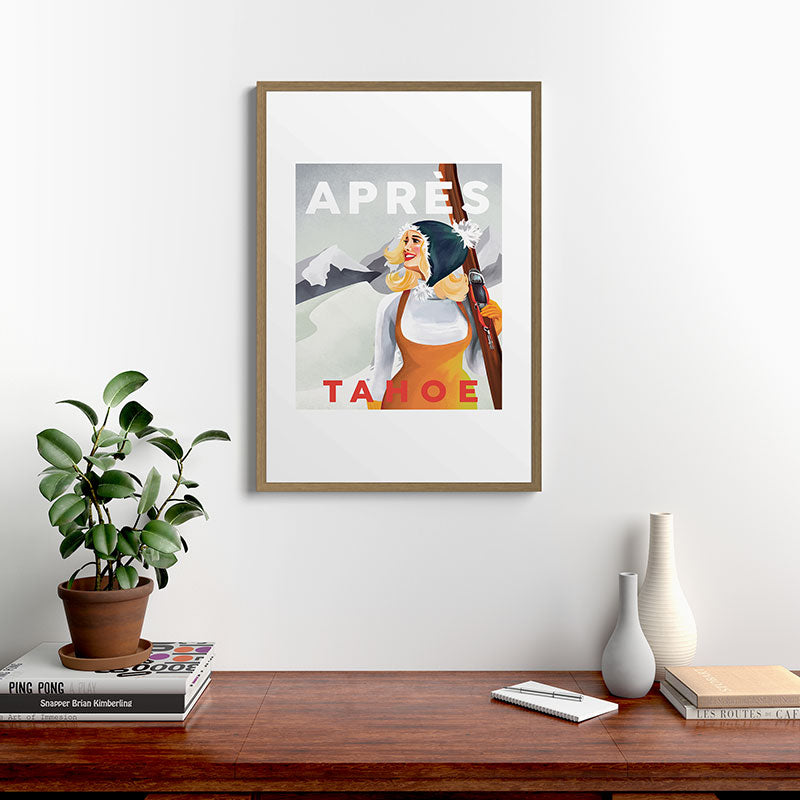 "Apres Tahoe" Cute Retro Pinup Girl Ski Art Framed Art Print