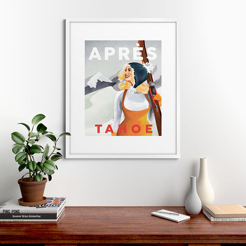 "Apres Tahoe" Cute Retro Pinup Girl Ski Art Framed Art Print