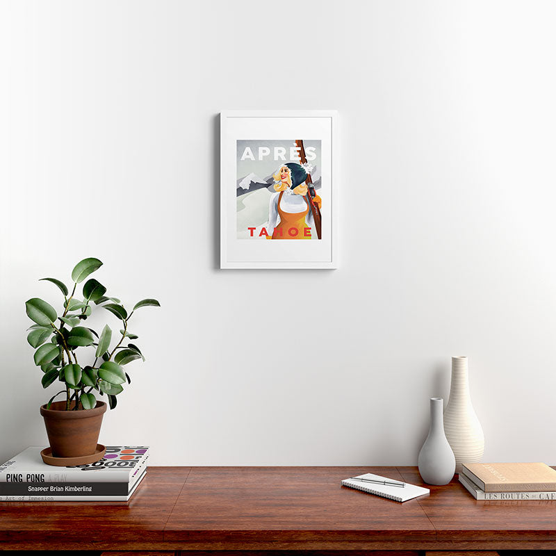 "Apres Tahoe" Cute Retro Pinup Girl Ski Art Framed Art Print