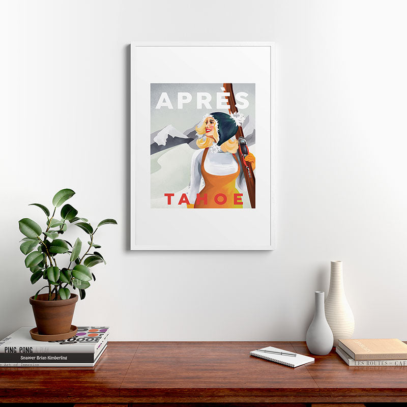 "Apres Tahoe" Cute Retro Pinup Girl Ski Art Framed Art Print