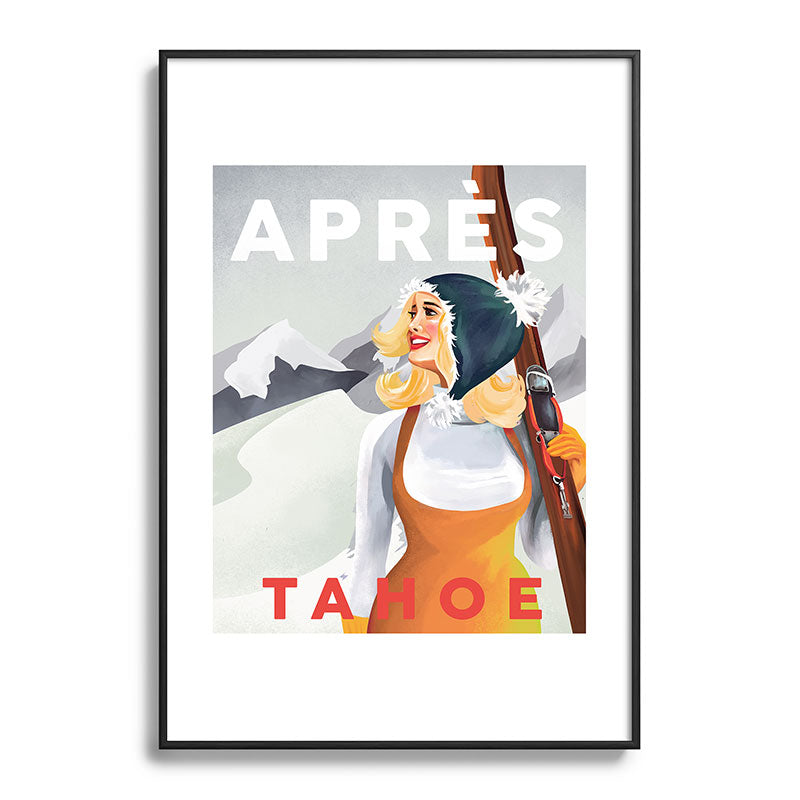 "Apres Tahoe" Cute Retro Pinup Girl Ski Art Framed Art Print
