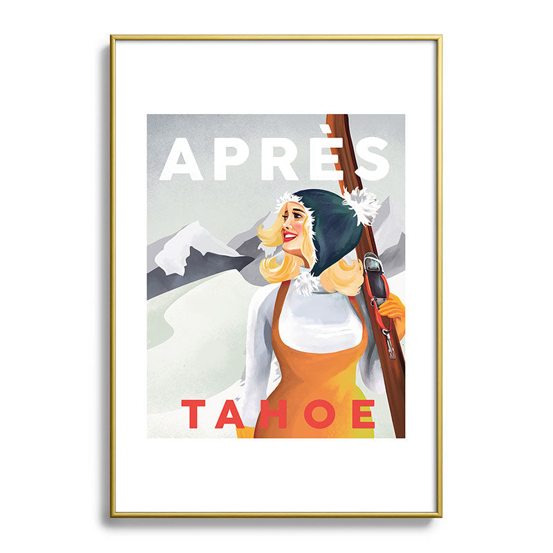 "Apres Tahoe" Cute Retro Pinup Girl Ski Art Framed Art Print