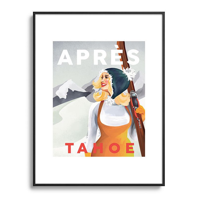 "Apres Tahoe" Cute Retro Pinup Girl Ski Art Framed Art Print