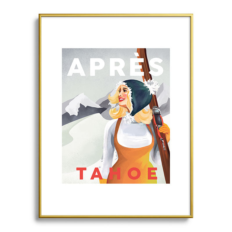 "Apres Tahoe" Cute Retro Pinup Girl Ski Art Framed Art Print