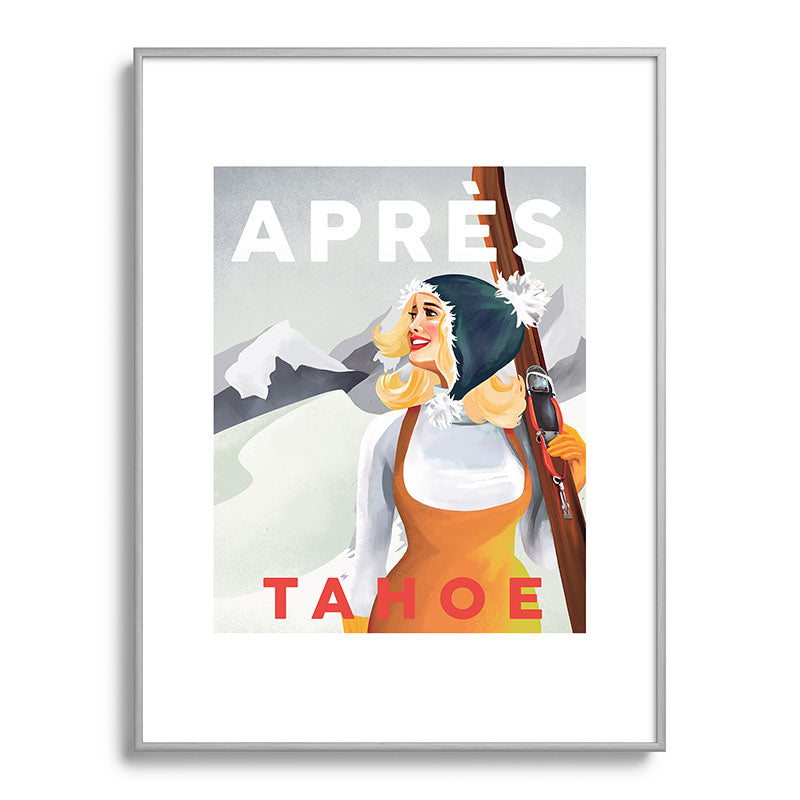 "Apres Tahoe" Cute Retro Pinup Girl Ski Art Framed Art Print