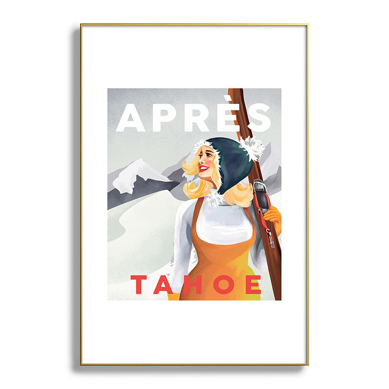"Apres Tahoe" Cute Retro Pinup Girl Ski Art Framed Art Print