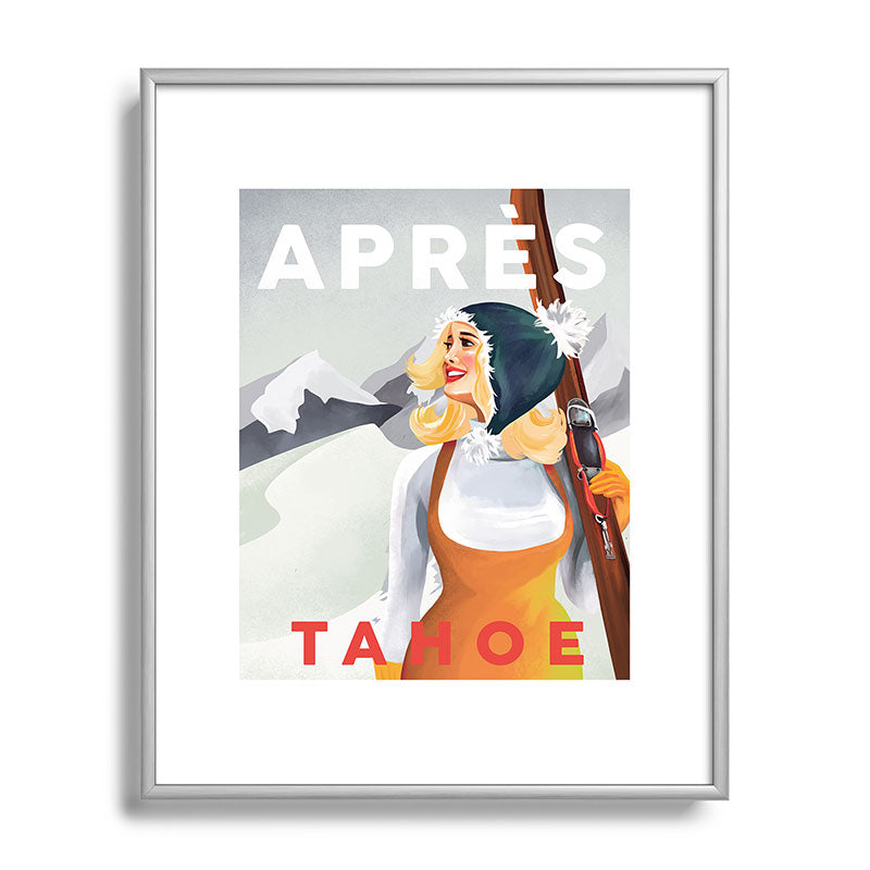 "Apres Tahoe" Cute Retro Pinup Girl Ski Art Framed Art Print