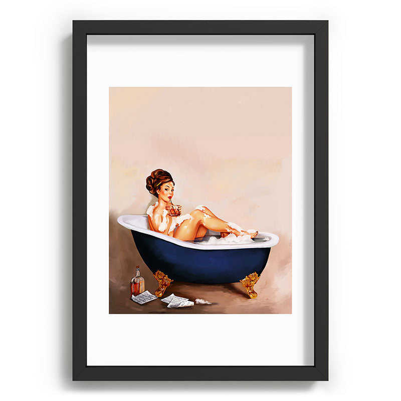 "Bathtub Whiskey" - Cute Vintage Brunette Pinup Girl Soaks & Enjoys A Cocktail. (V.2) Framed Art Print