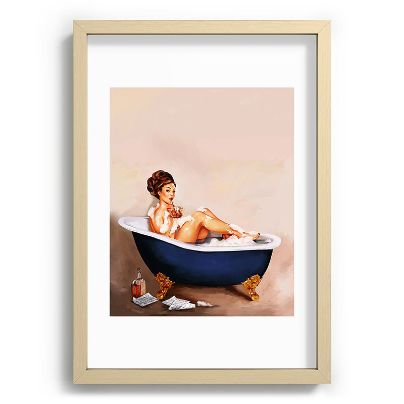 "Bathtub Whiskey" - Cute Vintage Brunette Pinup Girl Soaks & Enjoys A Cocktail. (V.2) Framed Art Print