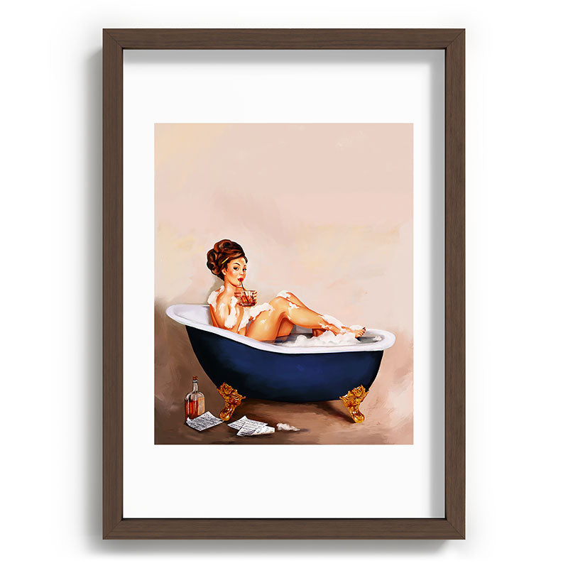 "Bathtub Whiskey" - Cute Vintage Brunette Pinup Girl Soaks & Enjoys A Cocktail. (V.2) Framed Art Print