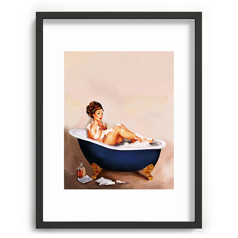 "Bathtub Whiskey" - Cute Vintage Brunette Pinup Girl Soaks & Enjoys A Cocktail. (V.2) Framed Art Print
