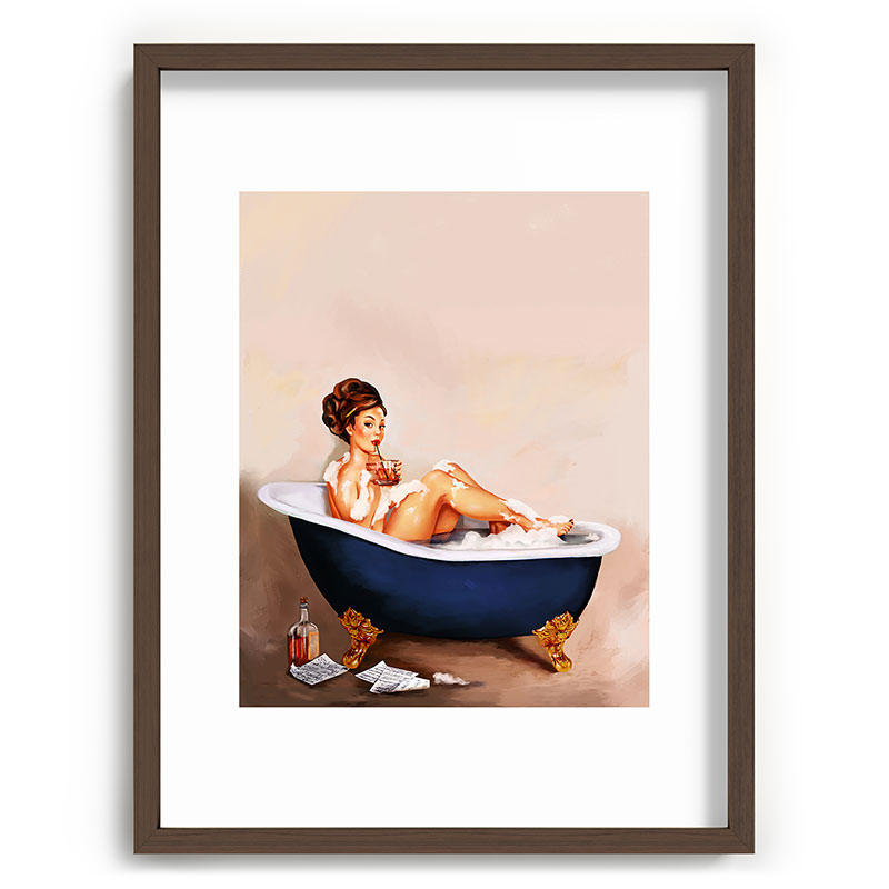 "Bathtub Whiskey" - Cute Vintage Brunette Pinup Girl Soaks & Enjoys A Cocktail. (V.2) Framed Art Print