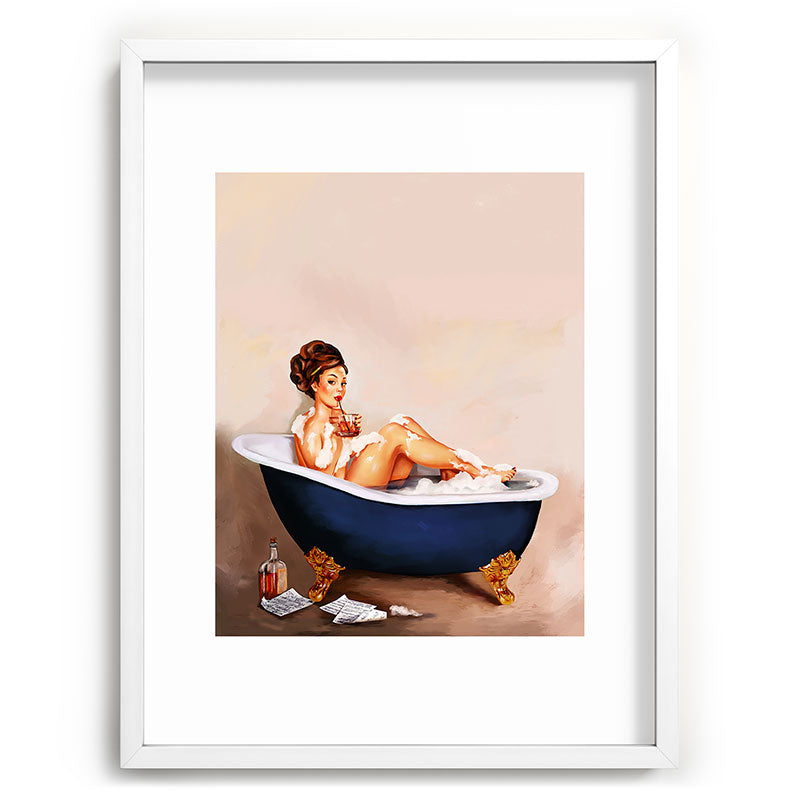 "Bathtub Whiskey" - Cute Vintage Brunette Pinup Girl Soaks & Enjoys A Cocktail. (V.2) Framed Art Print