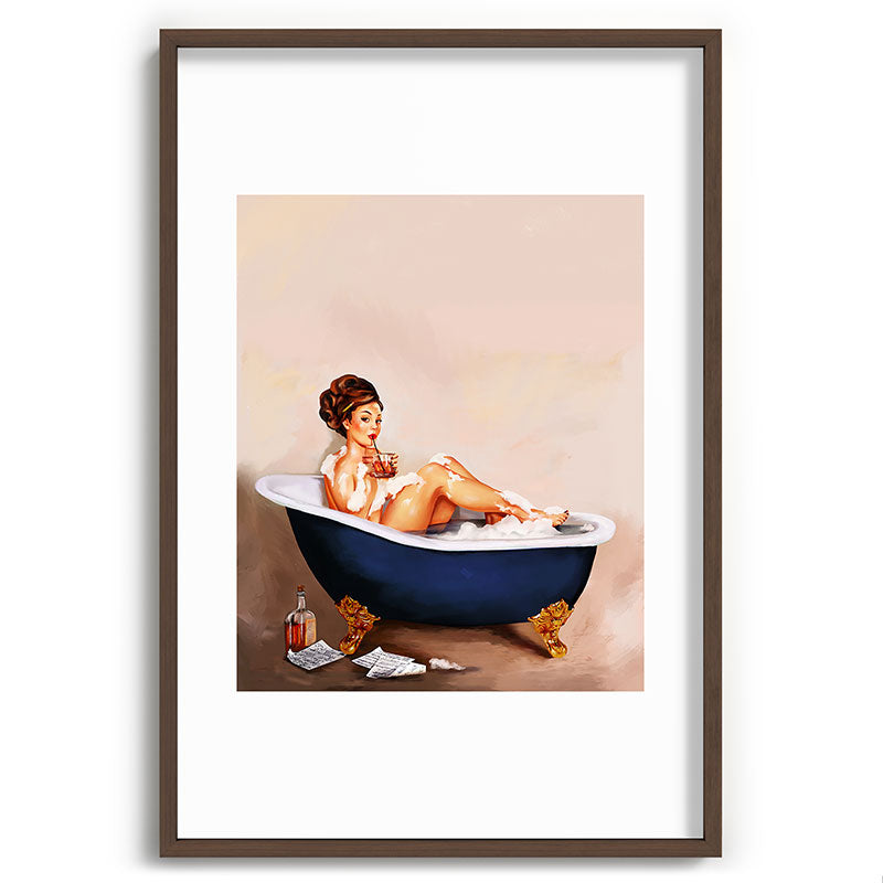"Bathtub Whiskey" - Cute Vintage Brunette Pinup Girl Soaks & Enjoys A Cocktail. (V.2) Framed Art Print