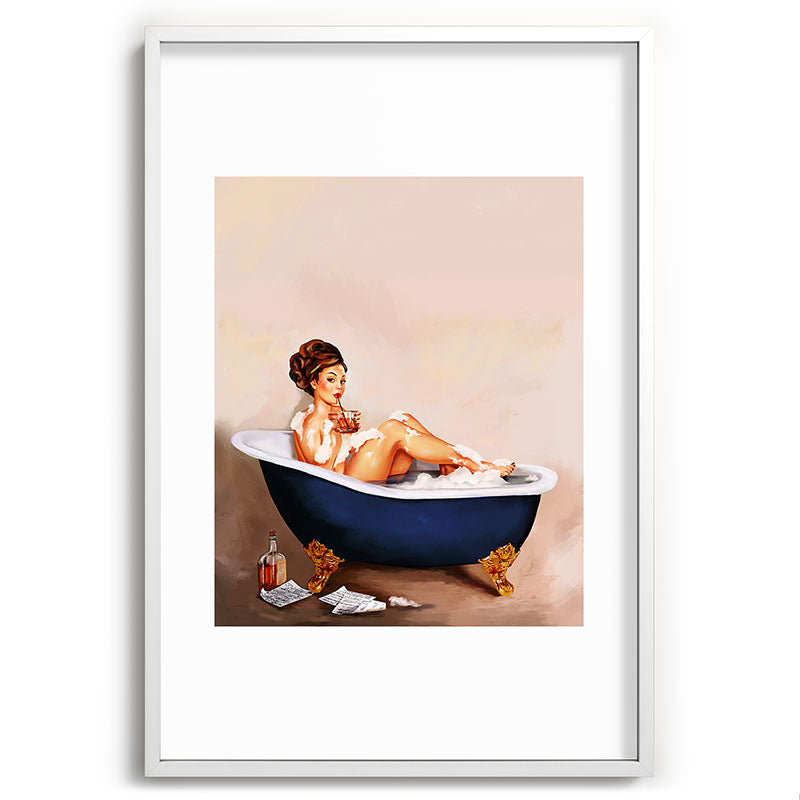 "Bathtub Whiskey" - Cute Vintage Brunette Pinup Girl Soaks & Enjoys A Cocktail. (V.2) Framed Art Print