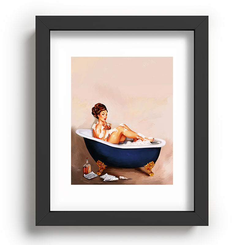 "Bathtub Whiskey" - Cute Vintage Brunette Pinup Girl Soaks & Enjoys A Cocktail. (V.2) Framed Art Print