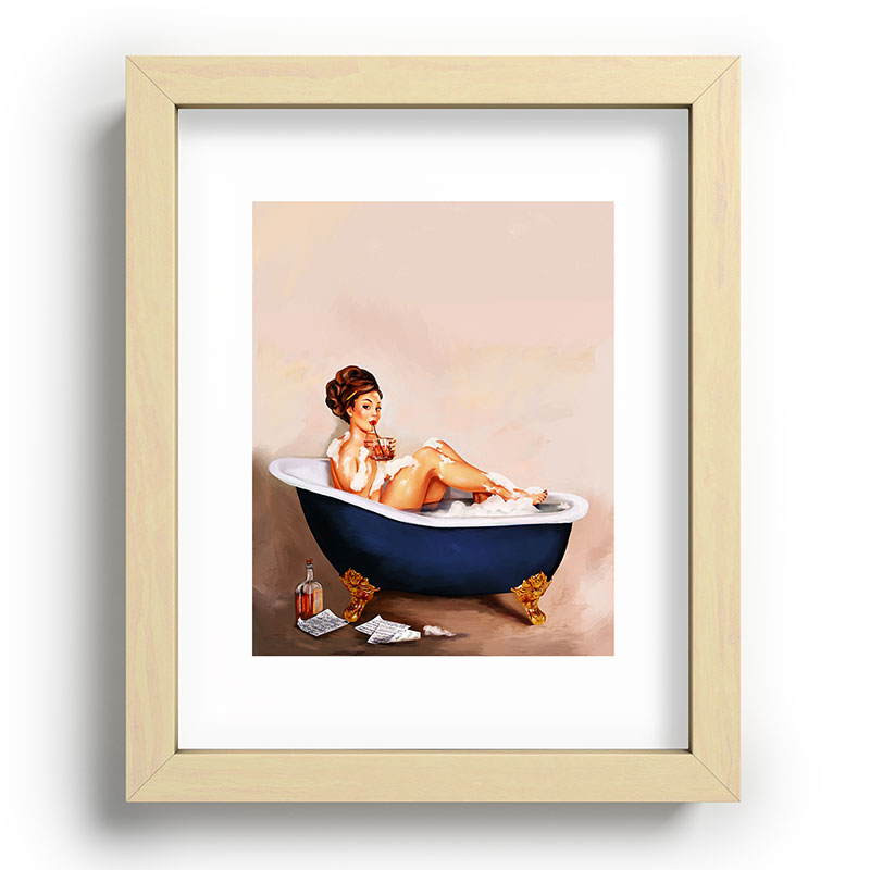 "Bathtub Whiskey" - Cute Vintage Brunette Pinup Girl Soaks & Enjoys A Cocktail. (V.2) Framed Art Print