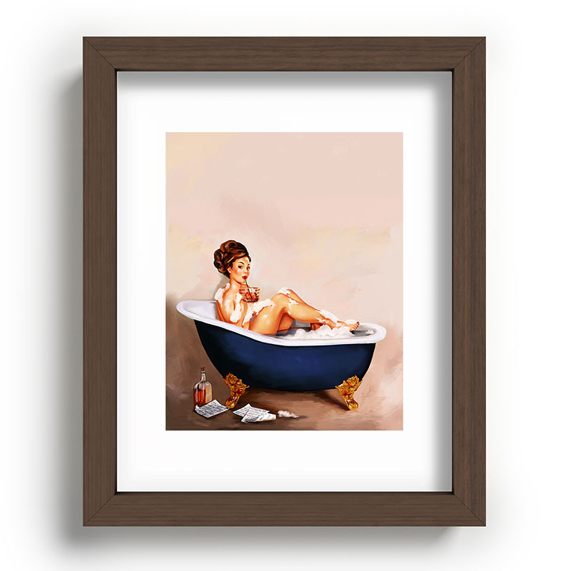"Bathtub Whiskey" - Cute Vintage Brunette Pinup Girl Soaks & Enjoys A Cocktail. (V.2) Framed Art Print