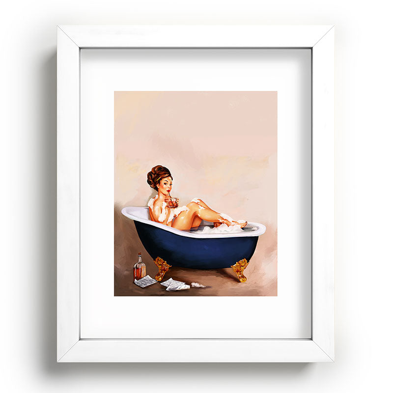 "Bathtub Whiskey" - Cute Vintage Brunette Pinup Girl Soaks & Enjoys A Cocktail. (V.2) Framed Art Print