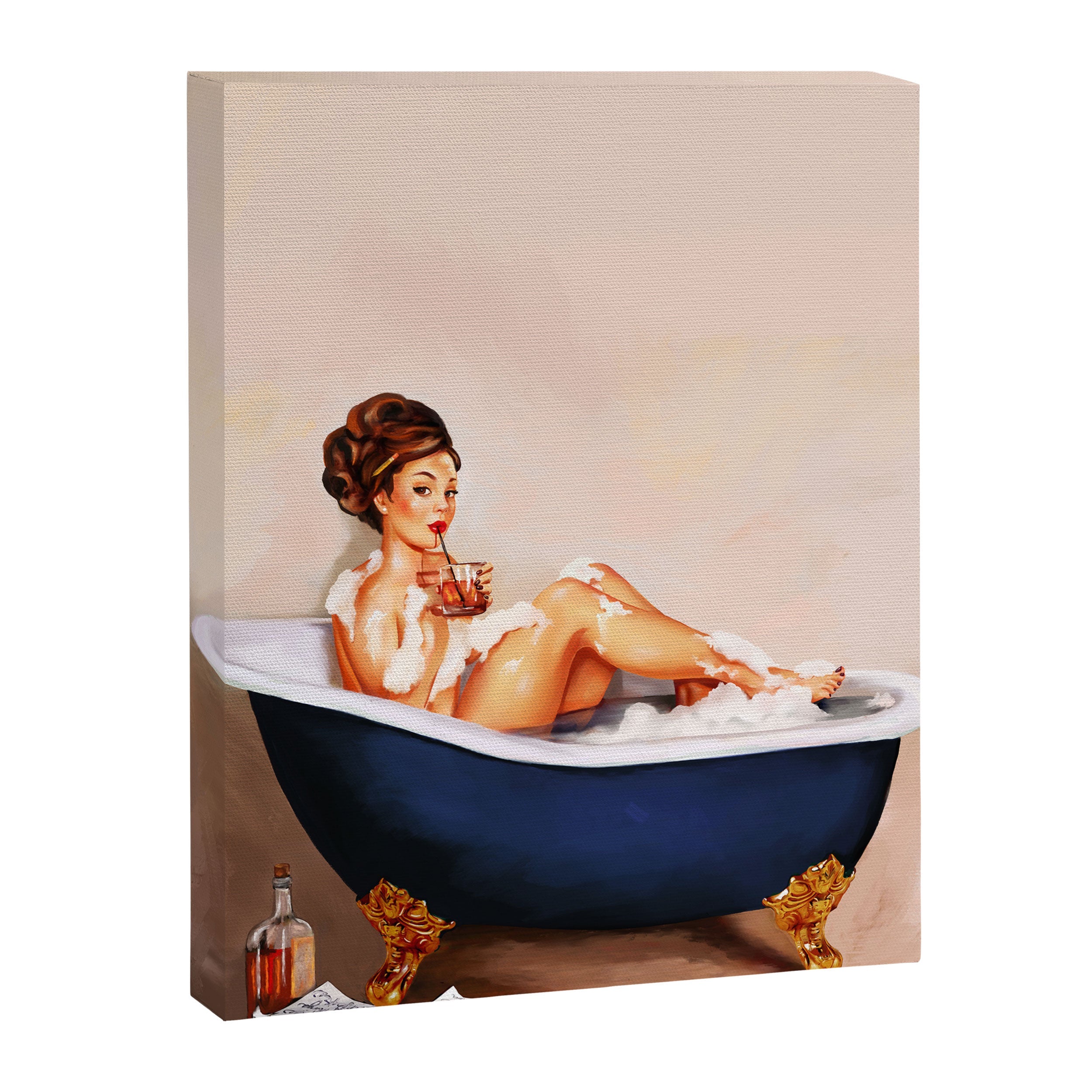 "Bathtub Whiskey" - Cute Vintage Brunette Pinup Girl Soaks & Enjoys A Cocktail. (V.2) Canvas Print