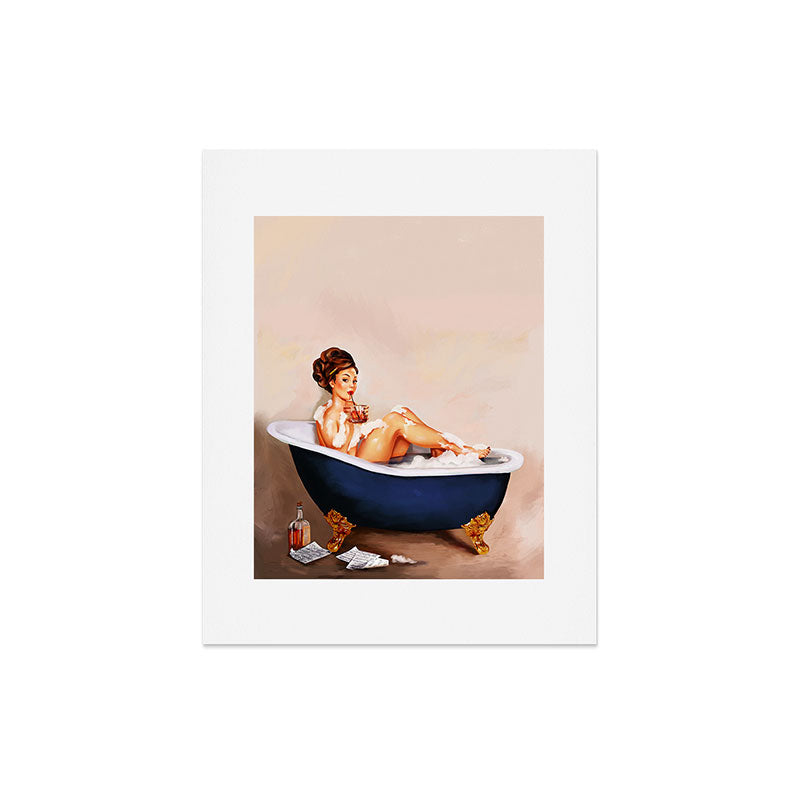 "Bathtub Whiskey" - Cute Vintage Brunette Pinup Girl Soaks & Enjoys A Cocktail. (V.2) Art Print