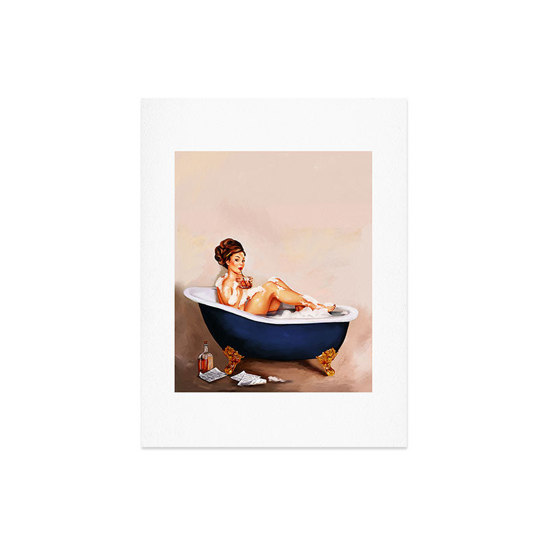 "Bathtub Whiskey" - Cute Vintage Brunette Pinup Girl Soaks & Enjoys A Cocktail. (V.2) Art Print