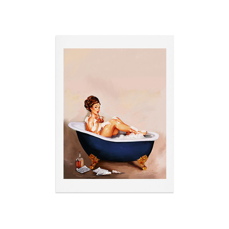 "Bathtub Whiskey" - Cute Vintage Brunette Pinup Girl Soaks & Enjoys A Cocktail. (V.2) Art Print
