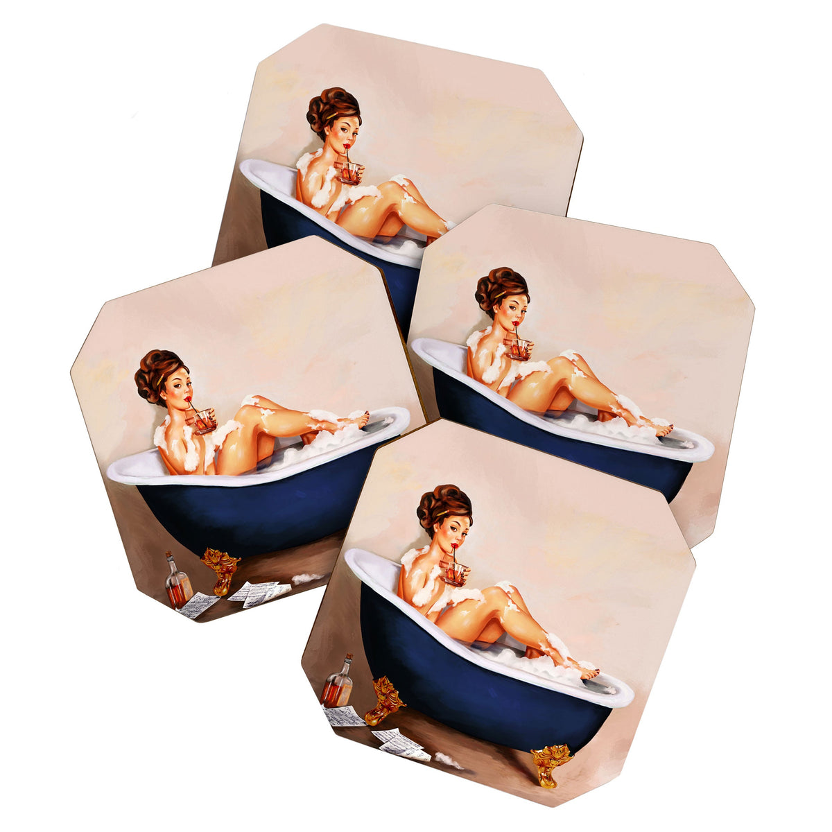 "Bathtub Whiskey" - Cute Vintage Brunette Pinup Girl Soaks & Enjoys A Cocktail. (V.2) Coaster