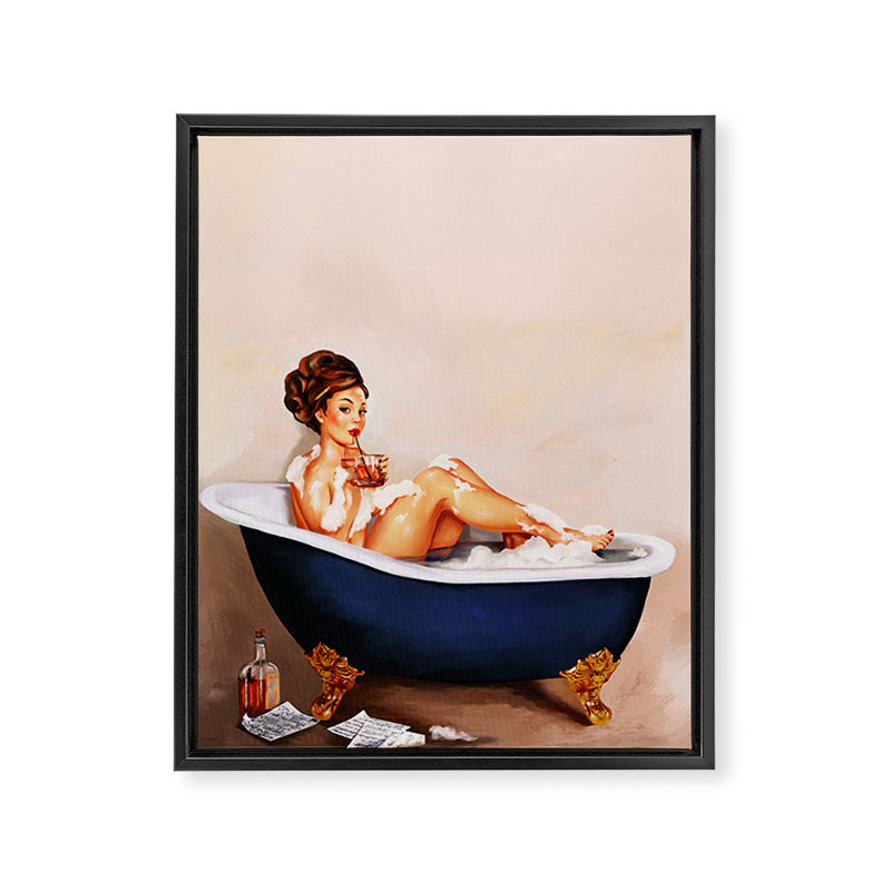 "Bathtub Whiskey" - Cute Vintage Brunette Pinup Girl Soaks & Enjoys A Cocktail. (V.2) Framed Canvas Print