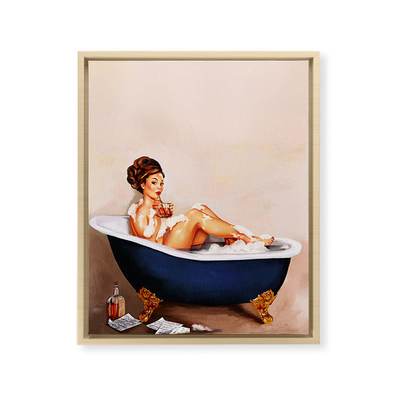 "Bathtub Whiskey" - Cute Vintage Brunette Pinup Girl Soaks & Enjoys A Cocktail. (V.2) Framed Canvas Print