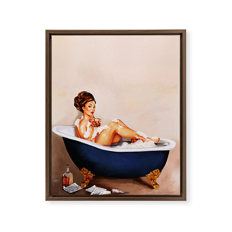 "Bathtub Whiskey" - Cute Vintage Brunette Pinup Girl Soaks & Enjoys A Cocktail. (V.2) Framed Canvas Print