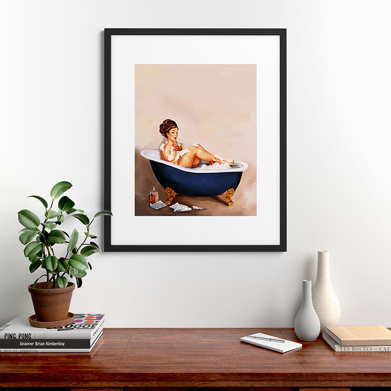 "Bathtub Whiskey" - Cute Vintage Brunette Pinup Girl Soaks & Enjoys A Cocktail. (V.2) Framed Art Print